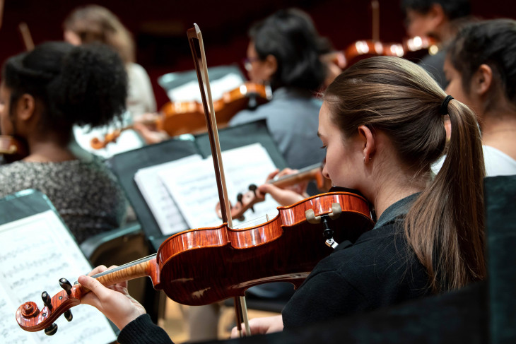 Woman playing violin from behind