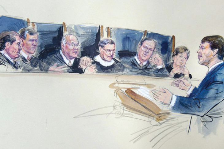 Courtroom sketch of Douglas Hallward-Driemeier ’89 before the Supreme Court Justices