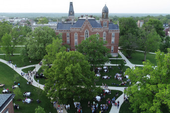 Aerial view of East College and the surrounding campus