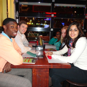 Ronnie Kennedy, Alex Parker, Bri'anna Moore, Emilie Hofferber, and Moon Usman (left to right) Prepare for the Paper Towel Fight at Dick's Last Resort after the Ball State Tournament (2014).