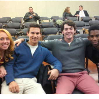 Erin Mann, Ryan Grippo, Zack Wade, and Kelechi Ikwuakor anxiously await the results at the Ball State Debate Tournament (2014).