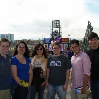 Avery Archer, Christine Walker, Keelin Kelly, Aaron Dicker, Jimmy Kirkpatrick, and Sam Holley-Kline (left to right) enjoy the "High Life" at a Colorado Rockies game after rounds at the 2010 USU National Tournament at the University of Denver.