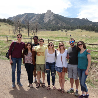 The DePauw Debate Team climbs "Old Ironsides" in Boulder, Colorado after rounds at the US Universities National Championship hosted by the University of Denver. The team is joined by DPU debate alums and Colorado residents Jennifer and Tyler Kennedy, Class of 2007 (2017).