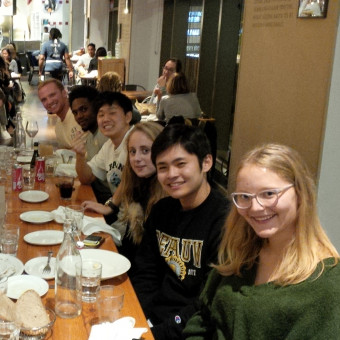 DePauw Debaters carb stuffing at Eataly in Chicago before the Mies Meltdown Tournament. Right Side (front to back): Nina Stular, Yuki Harata, Kristina Mikhailova, Yong Heo, KeVeon White, Lucas Taylor (2018).