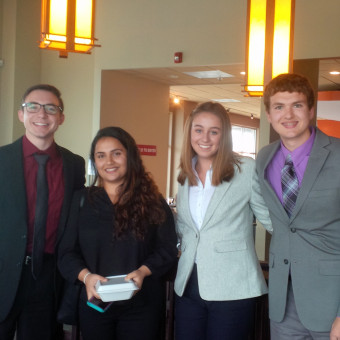 The Debate Team takes it to the bridge after rounds of the Audrey Cunningham Forensic 500 Tournament. Pictured (left to right): Liam Byrnes, Rajshree Upadhyay, Brenna Milligan, Alex Spencer (2018).