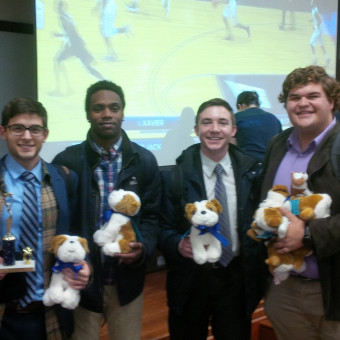 DePauw Debaters show off their Bulldog Awards at the Butler Bulldog Tournament. Pictured (left to right): Danny Schultz, KeVeon White, Liam Byrnes, Ryan Dickison (2017).