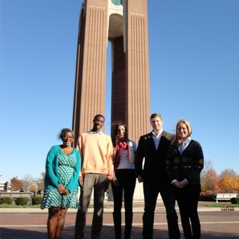Bri'anna Moore, Ronnie Kennedy, Mumal Usman, Alex Parker, and Emilie Hofferber (left to right) take a break between rounds at the Ball State Debate Tournament (2013).