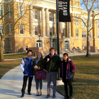 DePauw Debaters "Stand Out" at Bowling Green State University at the 2019 Novice Nationals Tournament. Pictured (left to right): Yasuaki Ono, Kristina Mikhailova, Alex Spencer, Mana Kunimatsu.