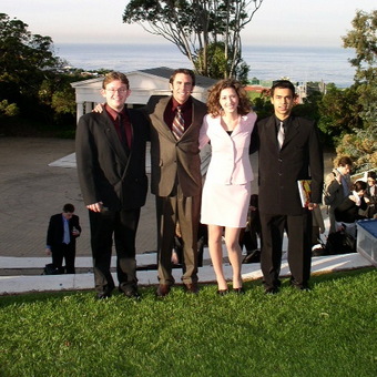 Alex Spiridonov, Tyler Kennedy, Jenny Starcevich, and Projesh Banerjea (left to right) enjoy the coastal breeze at Pt. Loma University in San Diego (2005).