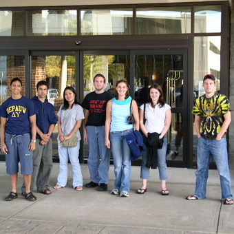 Pravir Singh, Projesh Banerjea, Frances Won, Justin Sykes, Stefanie Duncan, Kalie Zamierowski, and J.J. Burns (left to right) arrive at Purdue in 2004.