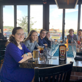 The DePauw Debate team stays "fired up" after the Forensic 500 tournament at the University of Indianapolis. Left Side (front to back): Sara Das, Cori Steele, Damir Pupovic, Kristina Mikhailova (2019).