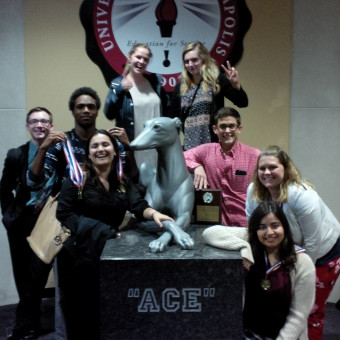 The Indiana State Debate Tournament. Pictured (left to right): Liam Byrnes, KeVeon White, Rajshree Upadhyay, Megan Ozog, Jessica Miller, Danny Schultz, Malak Daher, Kylee Rippy (2017).
