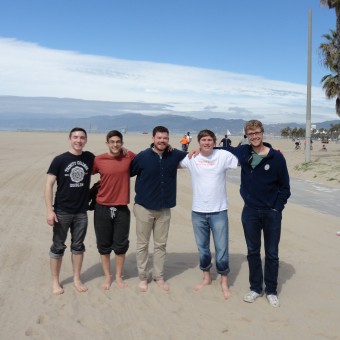 DePauw Debaters seek inner peace at Venice Beach before the start of the NEDA National Tournament. Pictured (left to right): Liam Byrnes, Danny Schultz, Matt Piggins, Jack Wlliams, Mickey Terlep (2016).