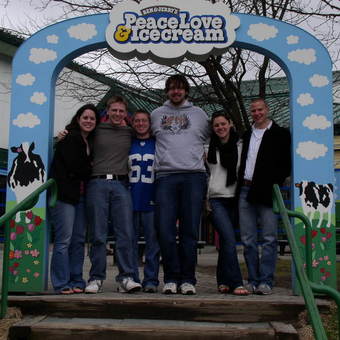 DePauw Debaters insisted on visiting the Ben & Jerry's Factory after rounds at the US Universities National Debate Championships hosted by the University of Vermont, April 2-5, 2009. Left to Right: Christine Walker, Avery Archer, Aaron Dicker, Kevin Milne, Keelin Kelly, and Michael Lutz.