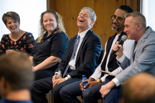 Entrepreneur Founders Panel 2019 - Angie Hicks '95, Kristie Carter '09, Mark Boling '79, Justin Christian '95, and McDermond Director Steve Fouty