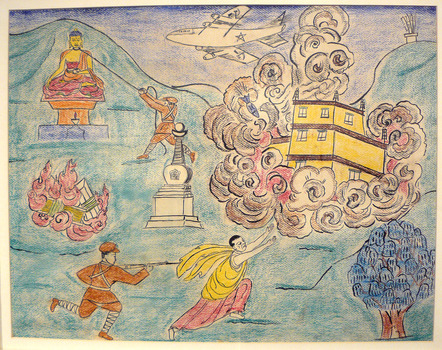 Destruction of Tibetan Monasteries, colored pencil on paper, 2004.2.11, Gift of Bruce Walker '53