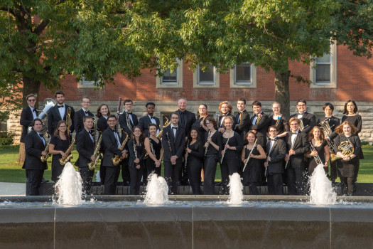 DePauw University Band in front of the fountain in Stewart Plaza