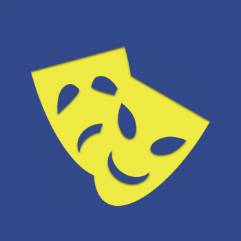 Two masks, one smiling and one frowning, in yellow on a blue background.