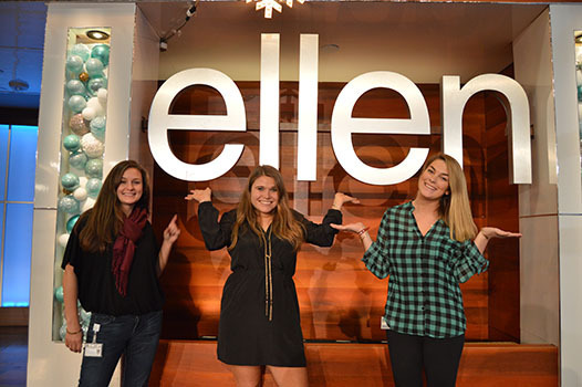 LIVE from the Ellen show, intern Grace Flickinger '16 (center) joined by Jill Irvin '09 (left) and Elizabeth Harrison '12