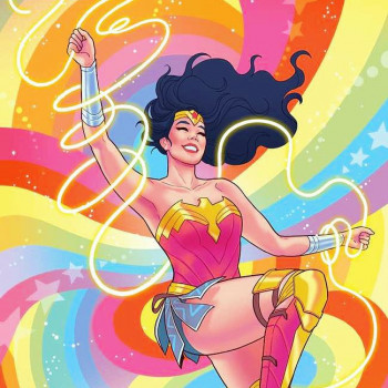 Cartoon drawing of Wonder Woman with golden lasso on rainbow background