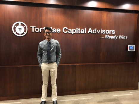 Abhishek Samabtur '19 serving on his semester long internship at Tortoise Capital Advisors.  