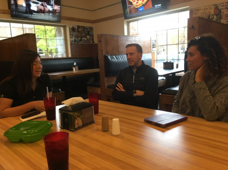 Students having lunch with one of our alumni, Mark Branigan '11, after the Technology Industry Insight panel.