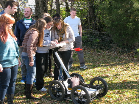 Environmental Geophysics students gathering subsurface data using a Ground-Penetrating Radar unit (thanks to Ashtead Technology-Indianapolis for loaning us this unit).