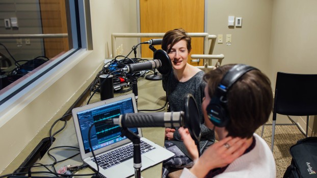 Producers Eleanor Price and Christiane Wisehart working on the Examining Ethics podcast