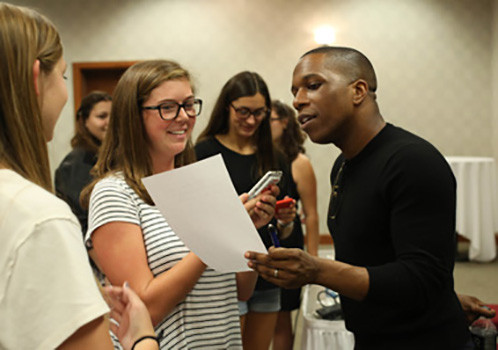 Leslie Odom Jr. talks with DePauw student journalists; Sept. 20, 2016.