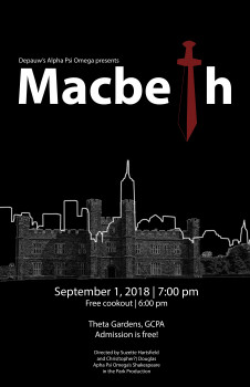 A white cityscape outline overlaid over a white castle outline on a black background. The poster says Macbeth, and the t is replaced with a red outline of a sword.