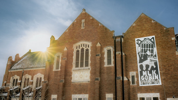 Photo of Gobin Methodist church in Greencastle with art of MLK's visit in 1960