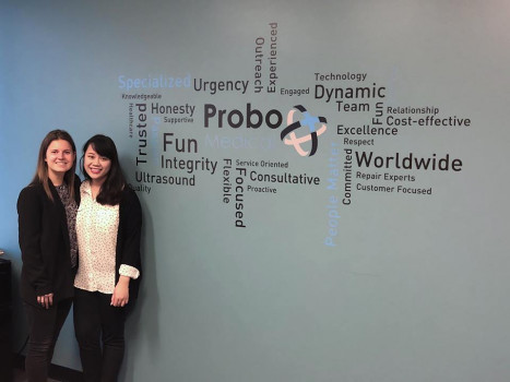 Nhi Nguyen '19 and Gail Enright '19 on their semester long internship at Probo Medical.