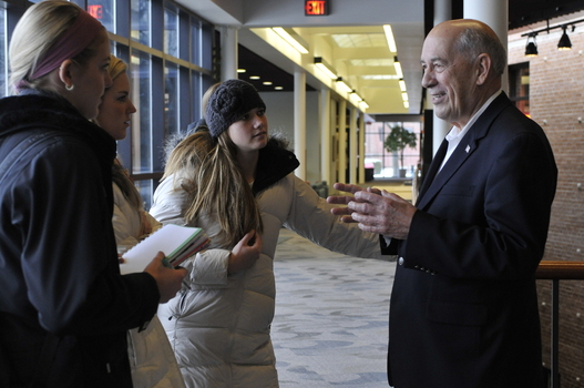 ESPN founder Bill Rasmussen '54 talks with students in the PCCM.