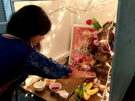 Student with various foods and lights