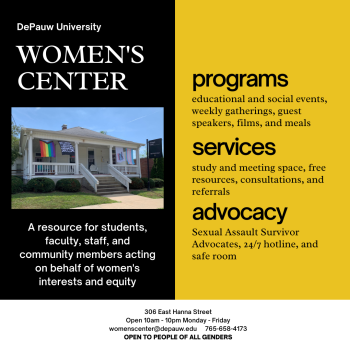 Women's Center advertisement resource flyer featuring programs, services, and advocacy