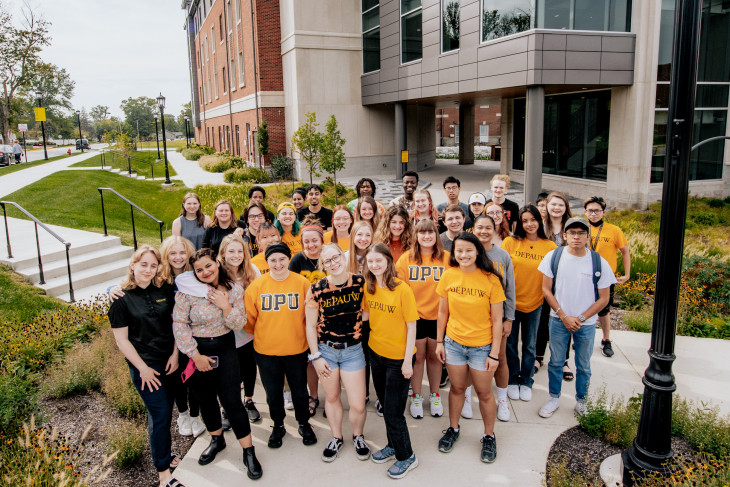 Students in front of Vernon Jordan Hall