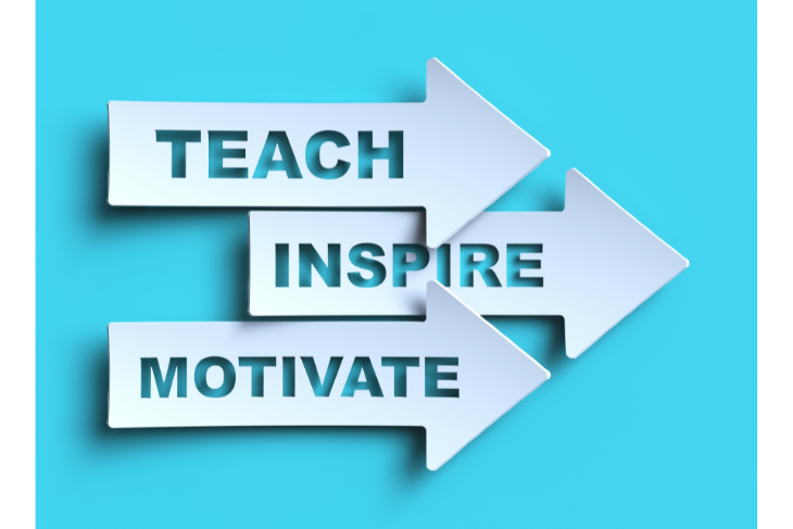 three arrows with text that says teach, inspire, motivate