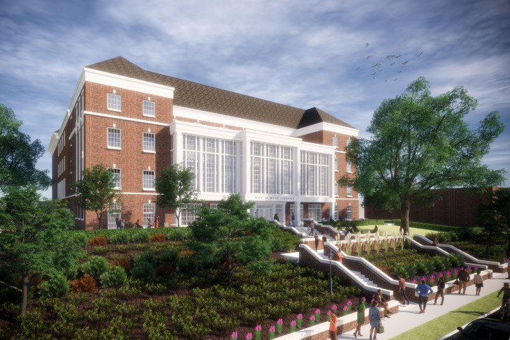 Rendering of exterior of renovated Roy O. West Library 