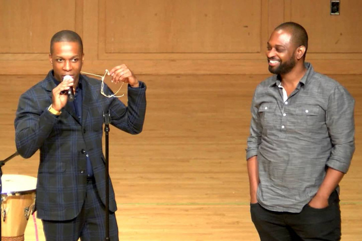 Leslie Odom Jr. and Michael O. Mitchell '02 on stage during an Ubben Lecture