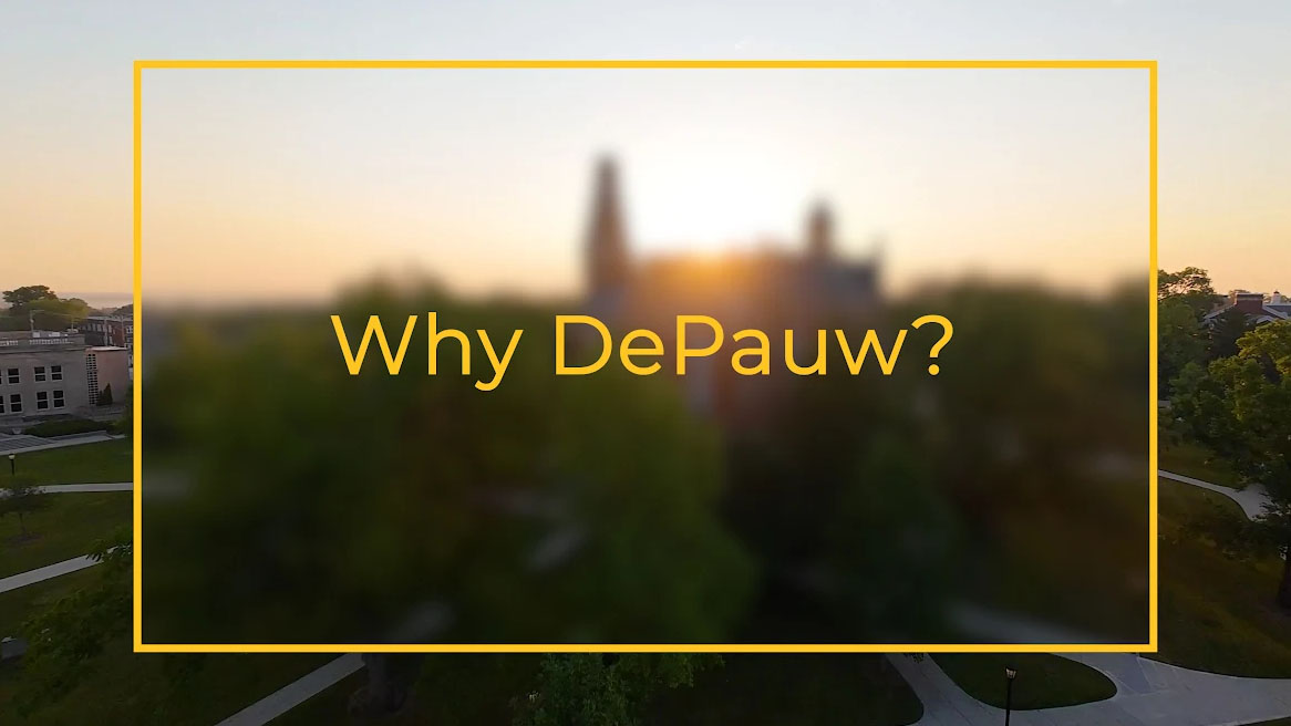 Blurred sunset photo of East College with Why DePauw caption