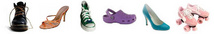 Varied types of shoes including boots, heels, crocs, and roller skates