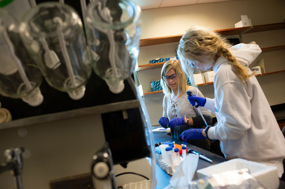 Kassidy and Morgan conduct protein research in the lab.