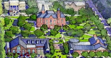 Aerial rendering of Hoover Hall, East College, and the Union Building
