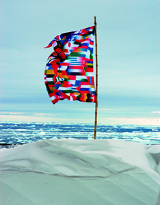 Antarctic Village—No Borders,Métisse Flag, 2007 Installation on the Antarctic Peninsula,inkjet on polymide, eyelets, 39 ½ x 59 inches, edition of 7. Photography: Thierry Bal.