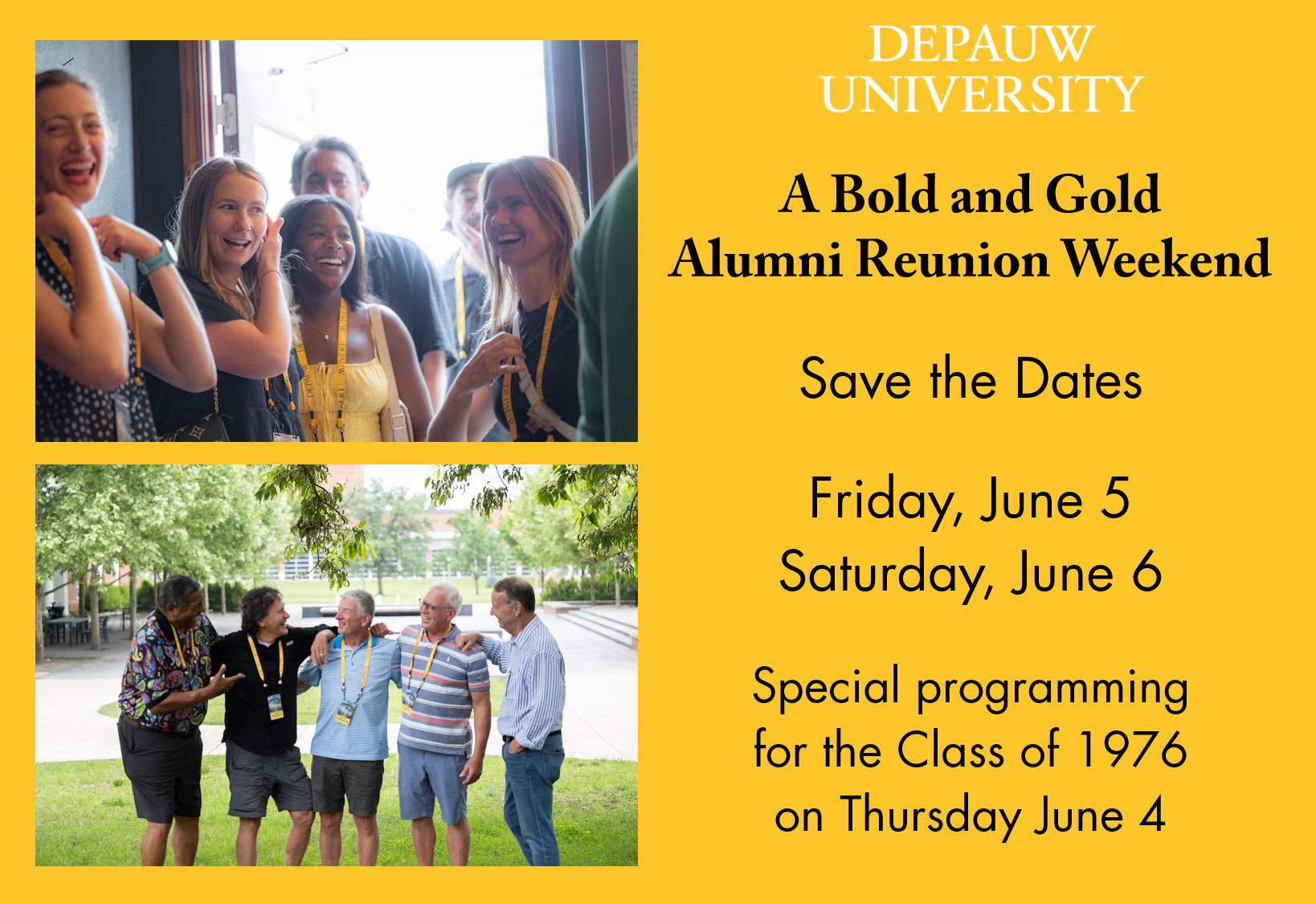 A Bold and Gold Alumni Reunion Weekend flyer featuring save the dates for 6/5/26 and 6/6/26.  Special programming for the Class of 1976 will be on 6/4/26