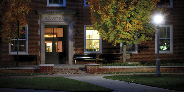 Outside view of Asbury Hall entrance at night