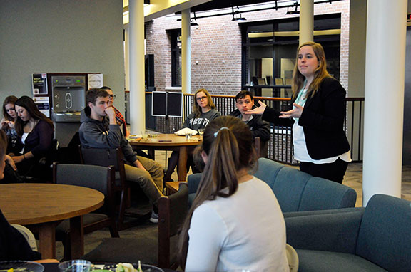 Bess Evans peaking with Media Fellows in 2016