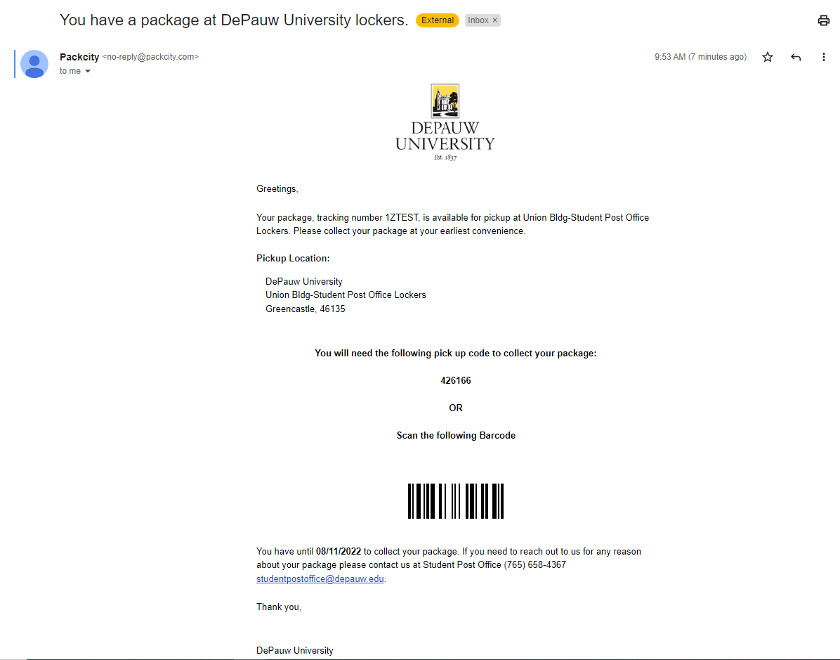 Screenshot example of 'Package at DePauw University Lockers' email