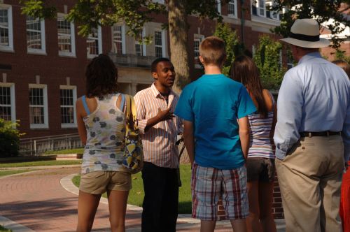 Student answering questions during guided campus tour