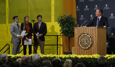 David Cameron answering questions during the Ubben Lecture